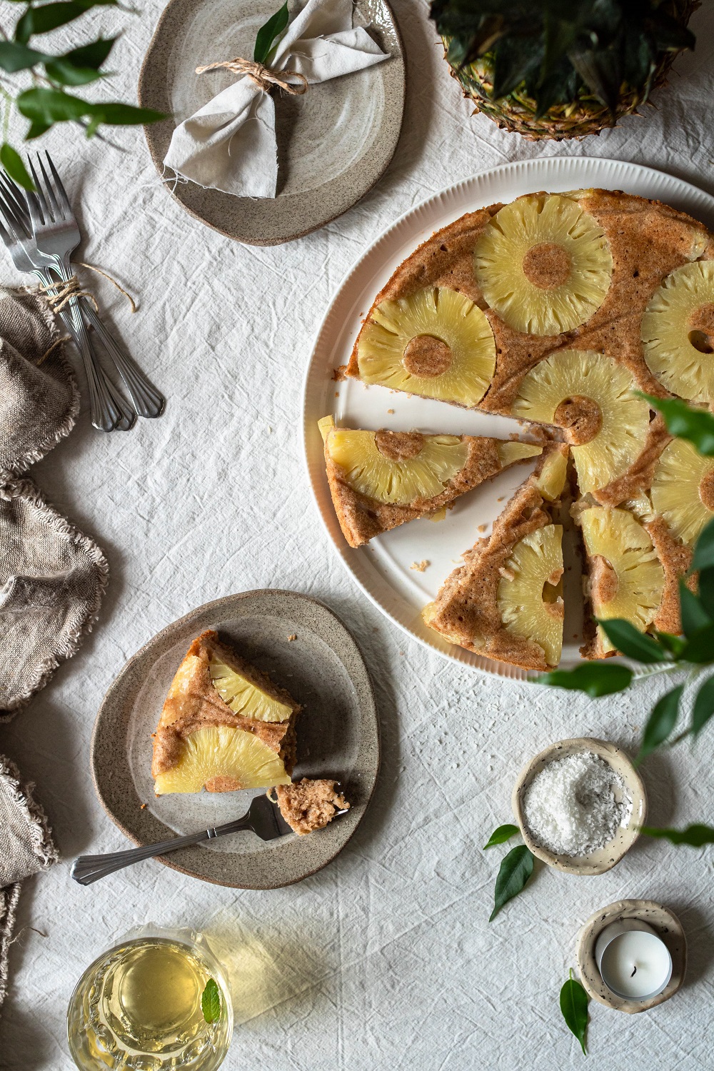 pineapple upside down cake cut into pieces